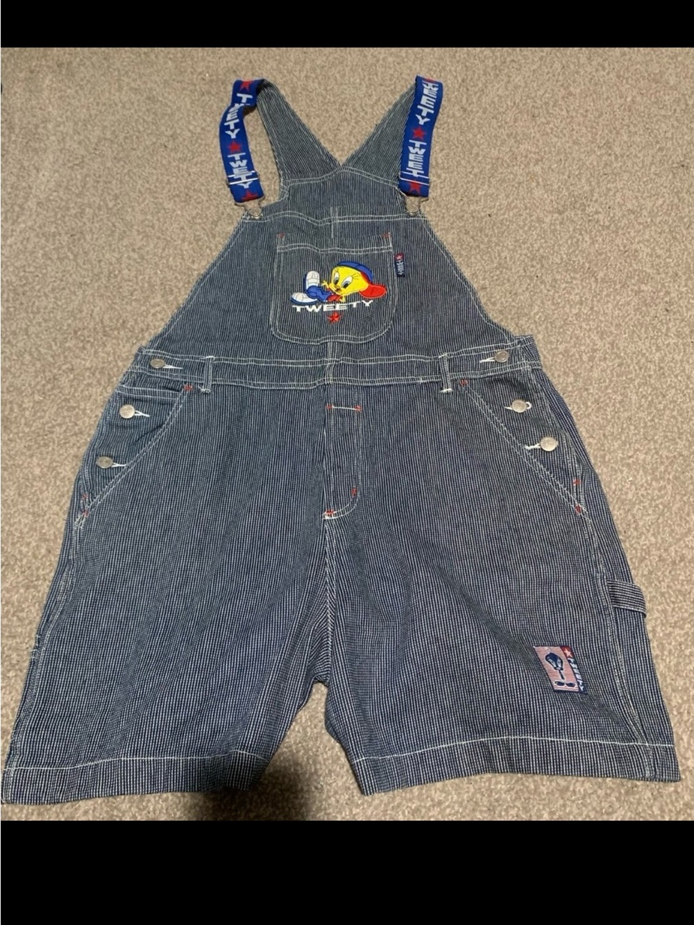 Warner Bros. Blue Pinstripe Tweety Kids Short Overalls vintage